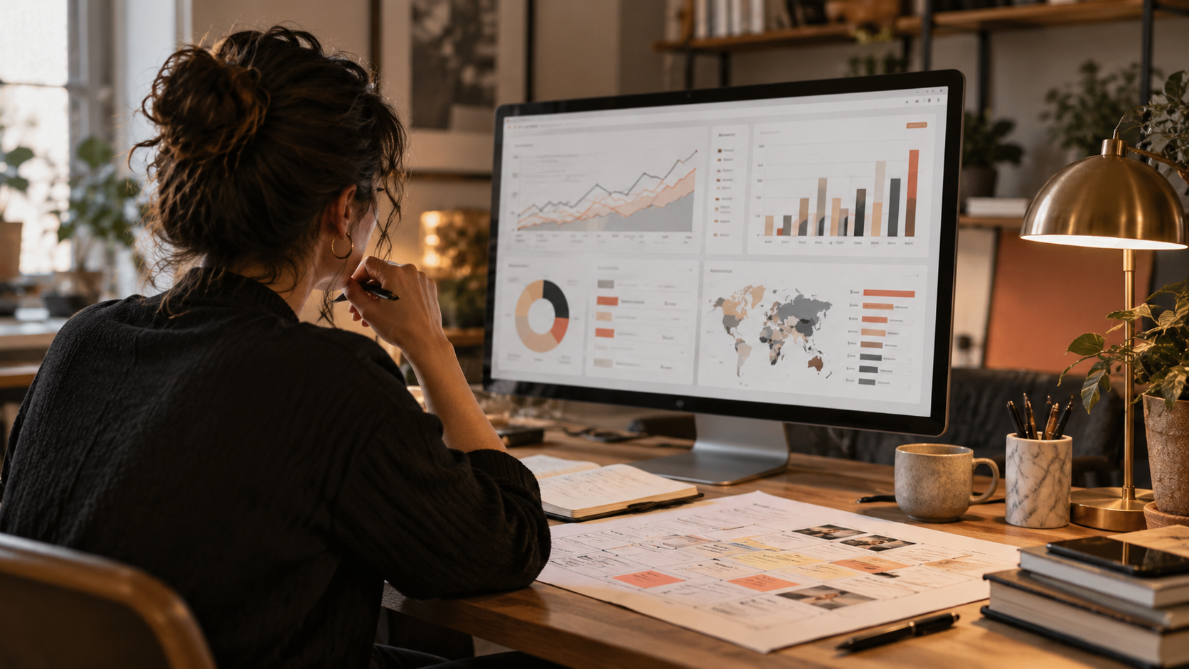 Marketing strategist reviewing campaign analytics and media plans