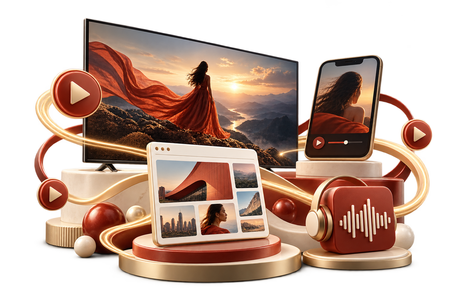 3D illustration of streaming video, a publisher page and audio advertising