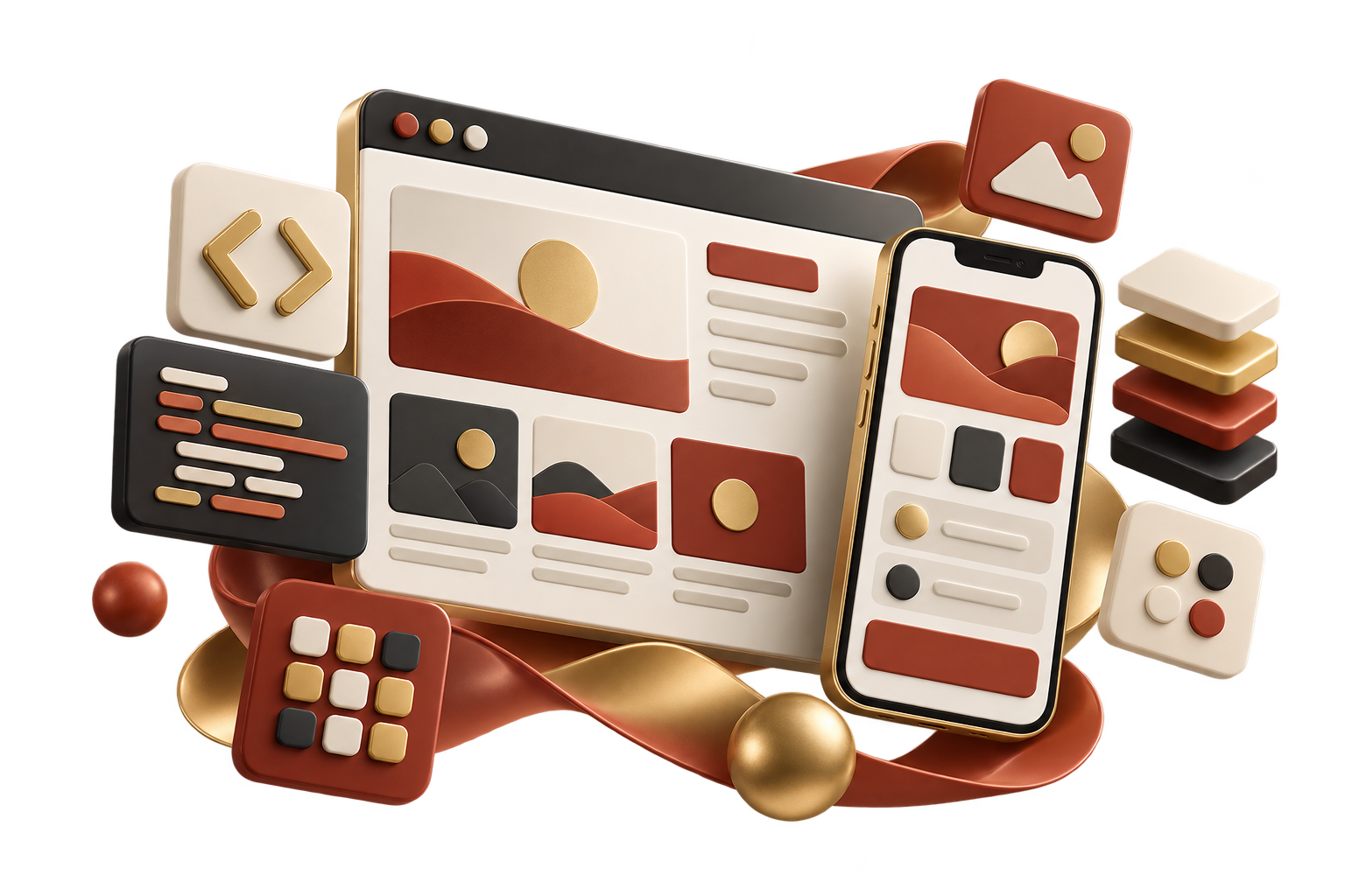3D illustration of a website, mobile app and modular interface components