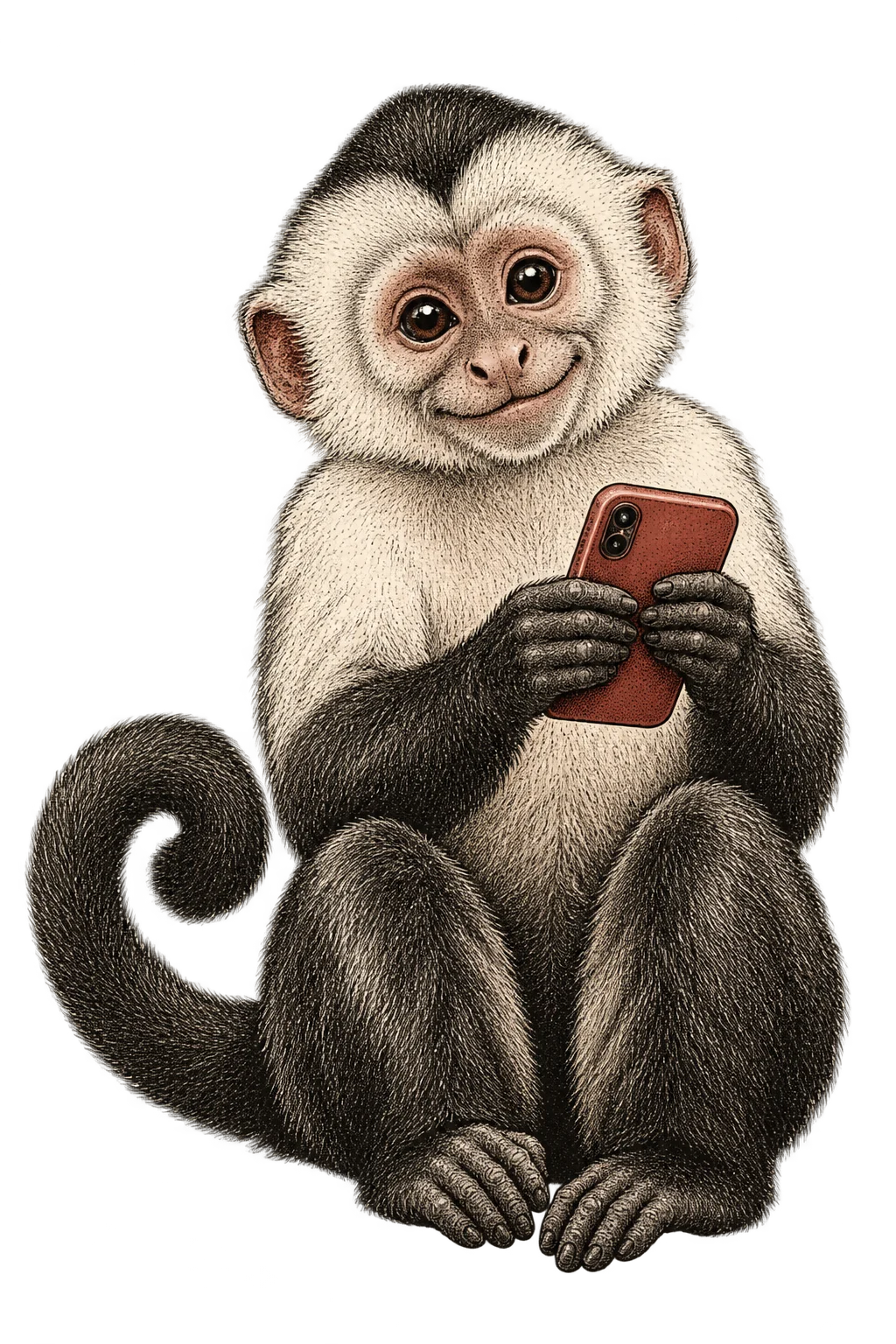 An engraved capuchin monkey holding a smartphone